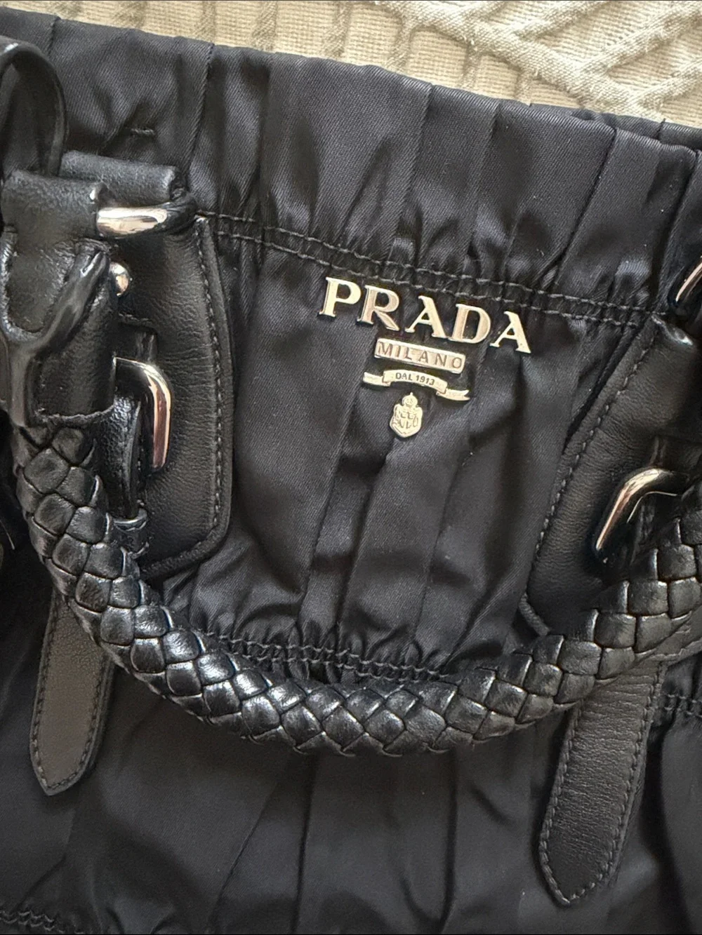 Prada Black Quilted Nylon Tote with Braided Top Handles